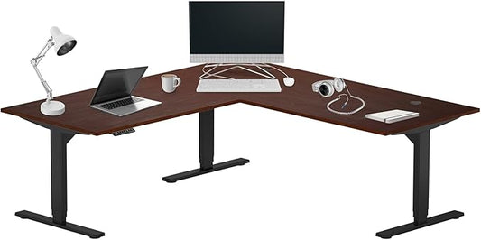 Progressive Desk Height Adjustable Electric Standing Desk - L Shaped 72" x 72" Computer Stand Up Rising Workstation Corner Table - Black Frame, Dark Cherry Top