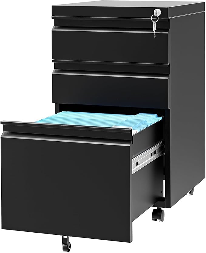 3-Drawer Mobile File Cabinet with Lock & Wheels, Under Desk Lateral Filing Cabinet for Legal/Letter/A4 Files, Adjustable Shelf, Easy Assembly, Office Home Storage, Dark Black