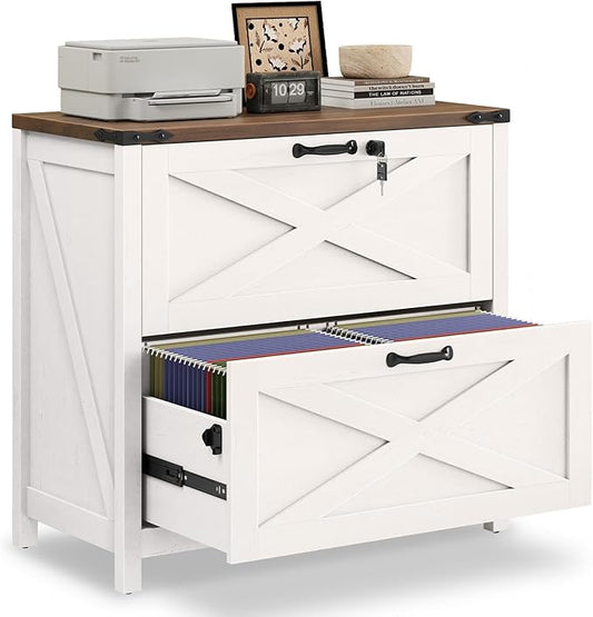 2 Drawer File Cabinet with Lock, Farmhouse Lateral Filing Cabinet Fits Letter/A4/F4/Legal Size, Wooden File Cabinets Printer Stand for Home Office, White