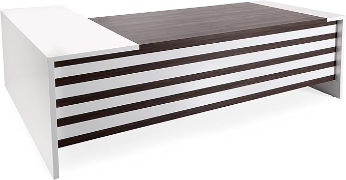 Leon 87" Wood Executive Large Desk for Home Office | Executive Right Side L Shaped Corner Desk & File Drawers w/Telescopic Rail | Modern Business Furniture | White & Brown