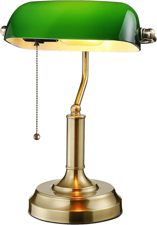 TORCHSTAR Green Glass Bankers Desk Lamp, UL Listed, Antique Desk Lamps with Brass Base, Traditional Library Lamp with Pull Chain, E26 Base, Vintage Desk Lamp for Office, Study Room