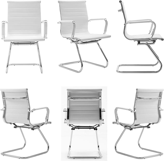 Wahson Office Guest Chairs Set of 10, Leather Reception Chairs, Mid Back Waiting Room Chair, Conference Chairs with Sled Base, Desk Chair No Wheels for Meeting/Lobby/Restroom, White