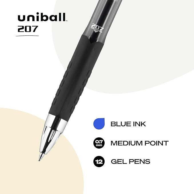 uni-ball 207 Retractable Gel Pens Medium Point, 0.7mm, Blue, 12 Pack
