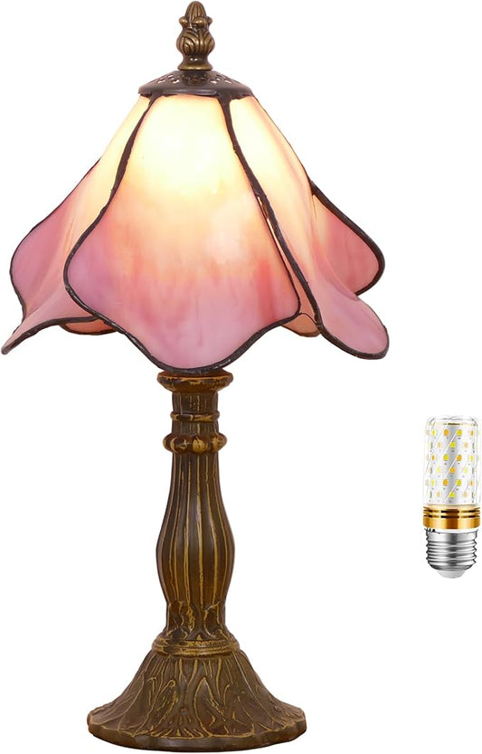 Small Tiffany Lamp Mini Stained Glass Table Lamp Bedside Accent Lamp Memory Sympathy 8X14.5 Inch (Pink)