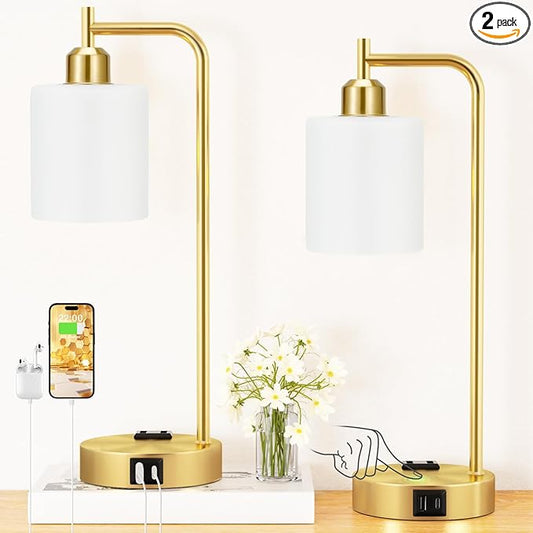 Innqoo Industrial Gold Table Lamps for Bedrooms Set of 2-3-Way Dimmable Desk Lamp with USB C+A Ports and Outlet, Gold Lamps with Opal Glass Shade for Living Room, Desk Lamps for Home Office