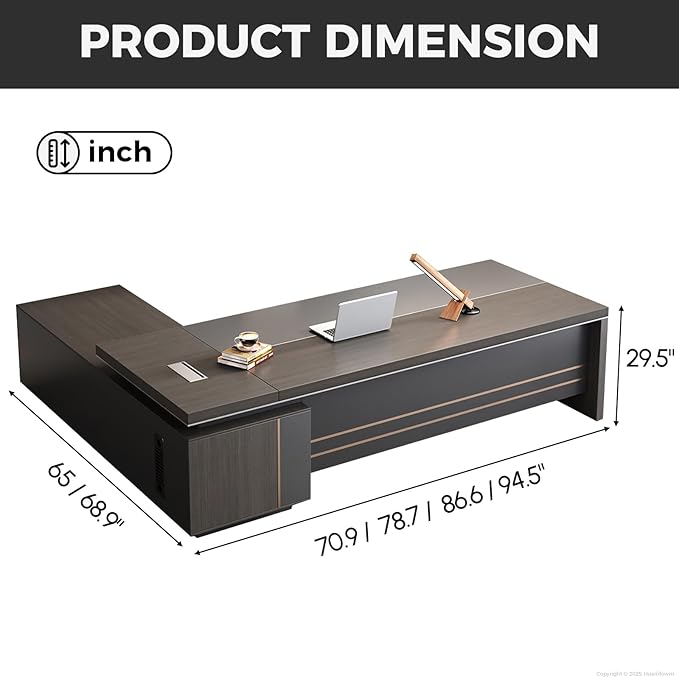 Reversible L Shaped Executive Desk with Drawers, Storage Cabinets, Power Box & Storage Shelves – Modern Office Desk with Privacy Panel (Obsidian Grey+Mocha Walnut, 79" L * 65" W * 30" H)