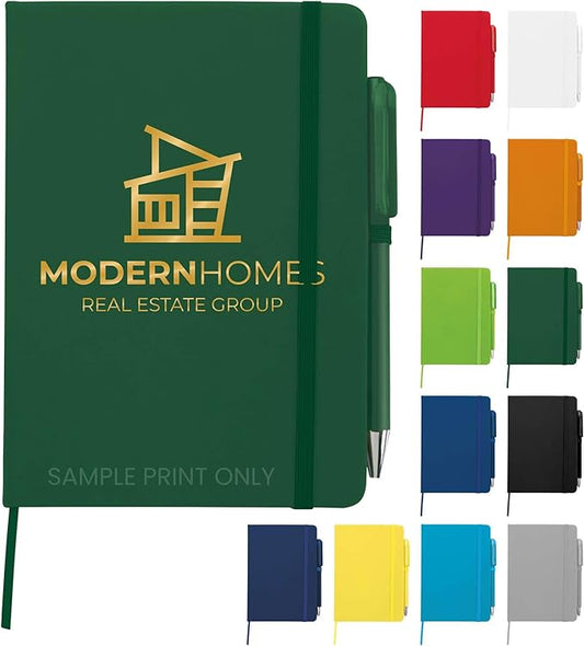 Personalized Notebook Journal – 5” x 7” Customized Notebook with Name, Text or Logo - 100 Page Custom Journal. Leatherette Hardcover & Pen - Green 150 Pack
