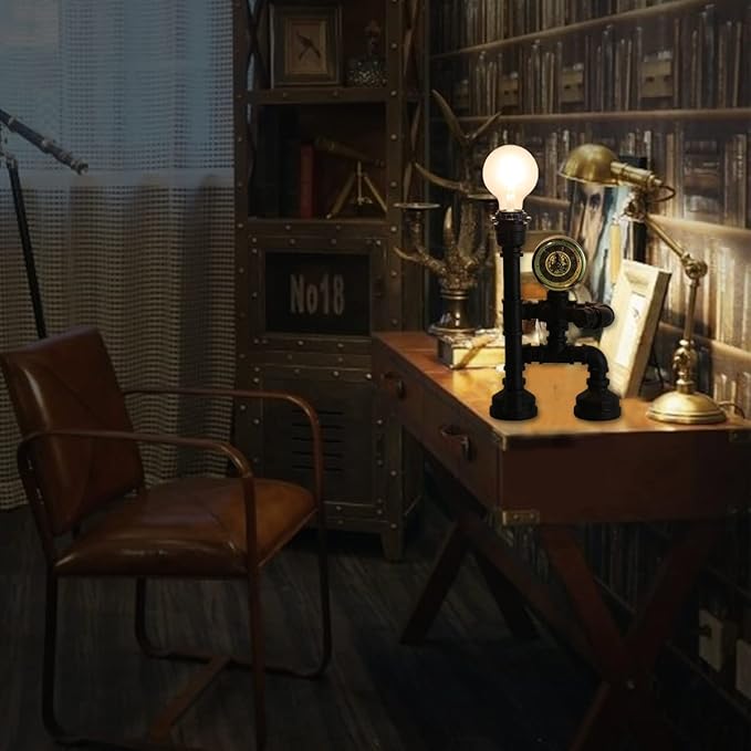 Water Pipe Table Lamp Robot Style- Retro Industrial Table Light- Antique Steampunk Metal Desk Lamp Bedside Lighting Fixture for Office, Reading Kids Room, Cafe Bar (Bronze-Style E)