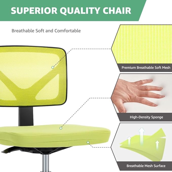 Armless Mesh Office Chair, Ergonomic Low Back Deskchair, Adjustable Rolling Task Computer Swivelchairs for Small Spaces Home Bedroom Study, Yellow