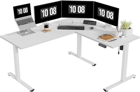 SANODESK Electric Corner L-Shaped 63 x 55 in Standing Desk, Memory Height Adjustment, White Top White Frame