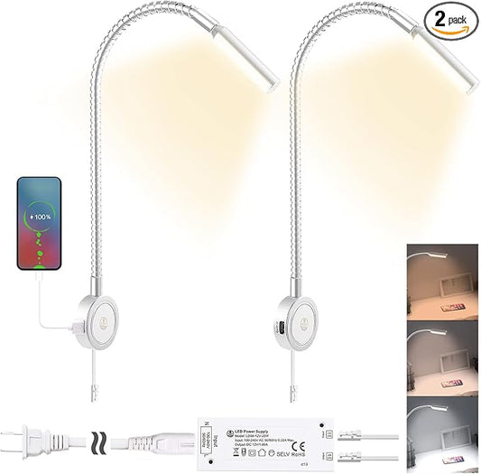 VST Books Lights for Headboard, Bedside Wall Mounted Reading Lamp, Reading Light Touch to Adjust Color Temp (3000K/4000K/6000K) and Brightness, USB/Type-C Charging Ports, 20W Driver, ETL-Listed