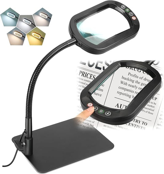 Veemagni 10X Rectangle Magnifying Glass with Light and Stand, Flexible Gooseneck LED Lighted Desk Lamp, 5 Color Modes Stepless Dimmable, Hands Free Magnifier for Reading Crafts Painting Close Work