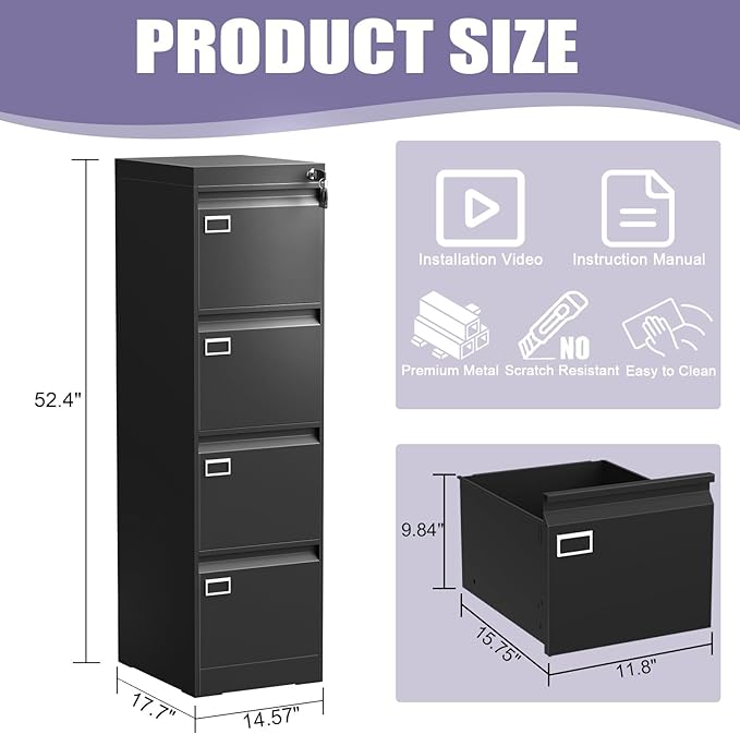 4 Drawer Metal File Cabinet with Lock, Black Lockable Filing Cabinets, Vertical Small File Cabinet with Key, Under Desk Filing Cabinets for Home Office