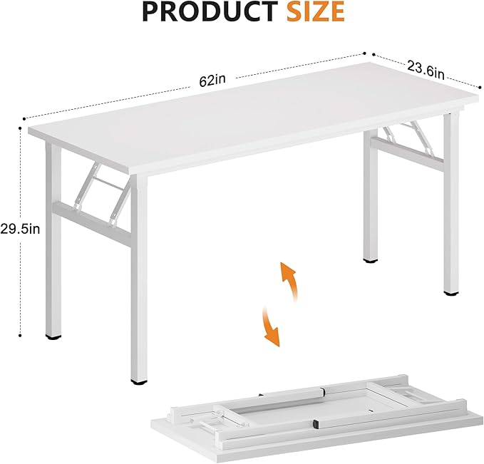 sogesfurniture Computer Desk 62 inches Office Desk Computer Table Study Writing Desk Workstation for Home Office Metal Frame Folding Table, White