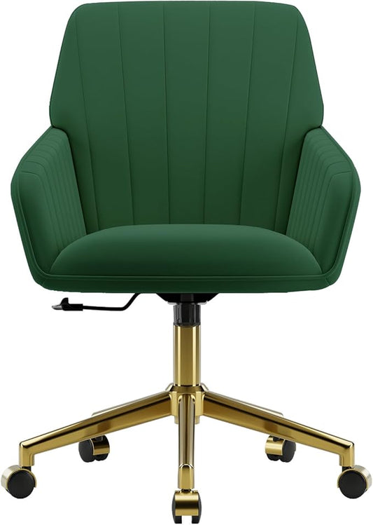 YISHENG Velvet Office Desk Chair with Gold Base, with Wheels,Modern Height Adjustable 360 Degree Swivel Upholstered Vanity Chairs with Arms for Living Room Bedroom,Green