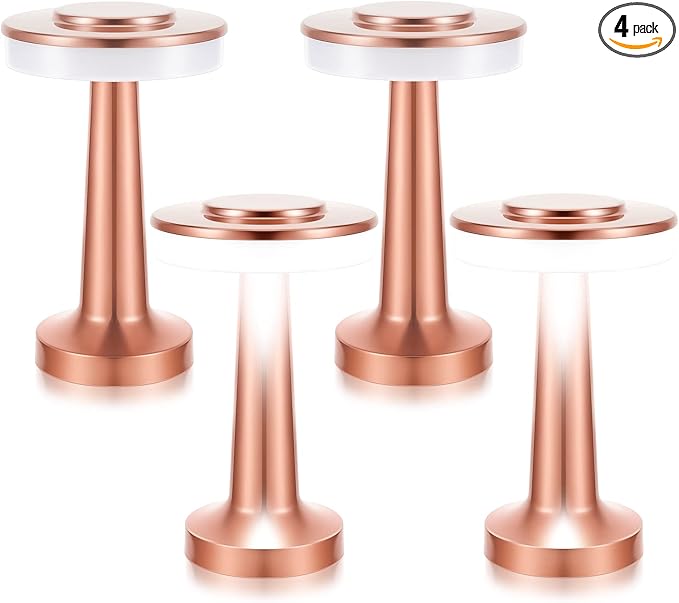 Riakrum Set of 2 LED Portable Cordless Table Lamp with Touch Sensor 3 Color Stepless Dimming Rechargeable Battery up to 15 Hours Cordless Table Light Wireless Lamp for Nursery(Rose Gold,4 Pcs)