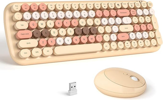 Wireless Keyboard and Mouse Combo - GEEZER Pale Coffee Colorful Round Keycap Keyboard 100 Keys - USB 2.4G Receiver Plug Play Typewriter Keyboards for Windows, PC, Laptop, Desktop