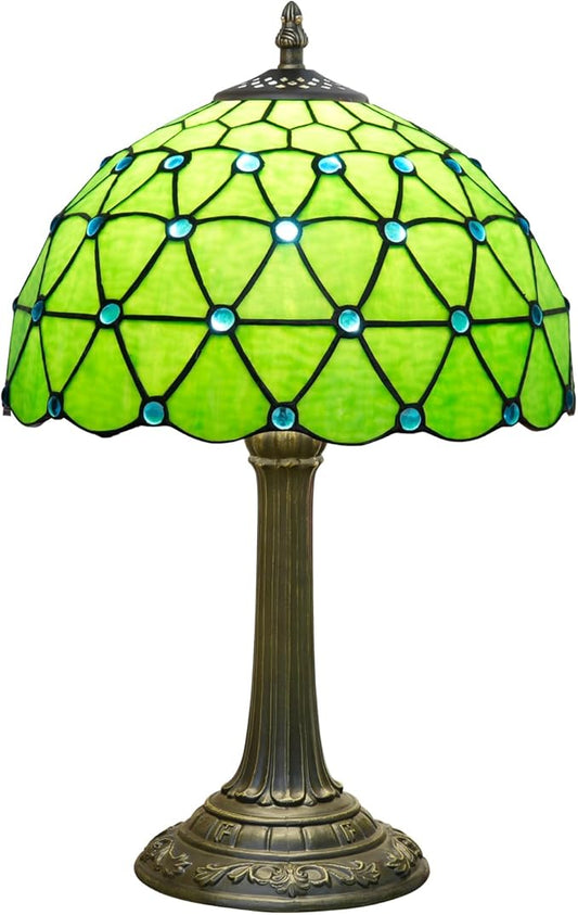 Green Tiffany Lamp For Bedrooms Bedside Stained Glass Table Lamp Farmhouse Lamps Night Stands Retro Traditional Nightstand Desk Decor Blue Beads Side Living Room End Desk Reding Lighting 12x12x19 Inch