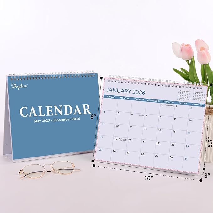 SKYDUE Desk Calendar 2025-2026, Jul 2025 to Dec 2026, 18 Months Small Desk Calendar with Planner Stickers, 10" x 8" Desktop Calendar Planner Standing Flip, Blue