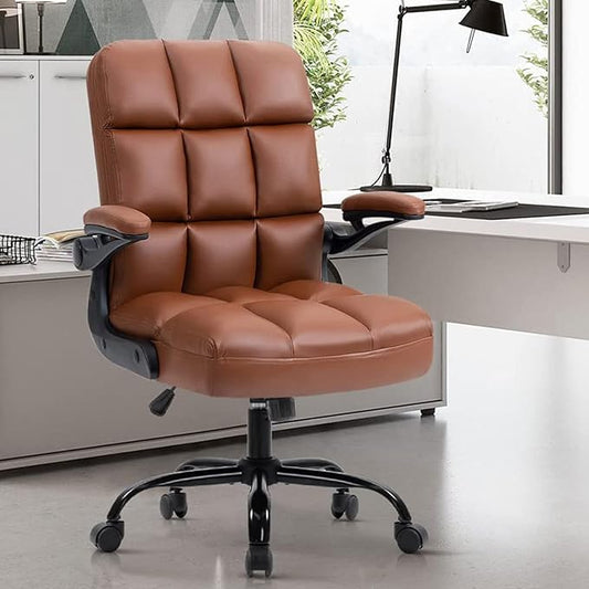 SEATZONE Executive Office Chair Small PU Leather Desk Chair with Wheels,Ergonomic Computer Swivel Rolling Task Chair with Back Support,Brown