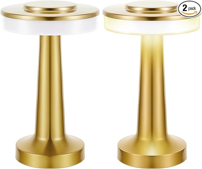 Riakrum Set of 2 LED Portable Cordless Table Lamp with Touch Sensor 3 Color Stepless Dimming Rechargeable Battery up to 15 Hours Cordless Table Light Wireless Lamp for Nursery (Gold,2 Pcs)