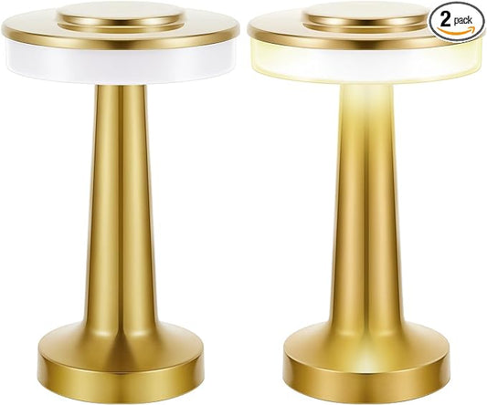 Riakrum Set of 2 LED Portable Cordless Table Lamp with Touch Sensor 3 Color Stepless Dimming Rechargeable Battery up to 15 Hours Cordless Table Light Wireless Lamp for Nursery (Gold,2 Pcs)