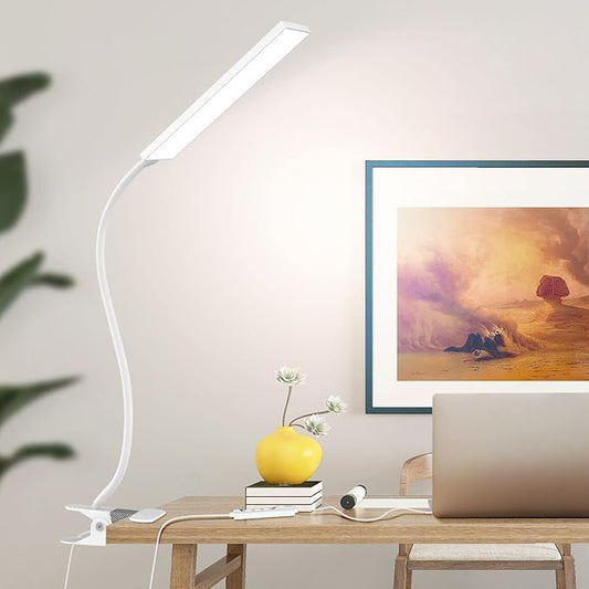 Vansuny Clip on Light LED Desk Lamp with Eye-Caring LED Metal Clip, 11 Level Brightness 3 Color Modes, Power by USB Port 5W Flexible Gooseneck Reading Light for Home and Office (5W, White)