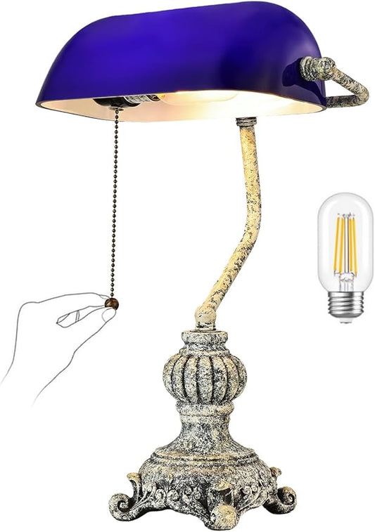 Newrays Retro Blue Glass Bankers Desk Lamp for Home Office,Library with Pull Chain Switch Plug in Fixture, LED Bulb Included