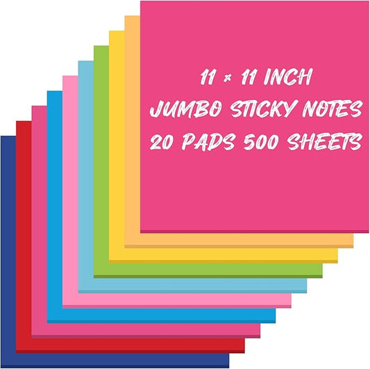 Zubebe 20 Pads 11 x 11 Inch Large Sticky Notes Jumbo Bright Colors Sticky Notepads Self Stick Note Square Memo Post Stickies for Office School, 25 Sheets/pad (Multicolor)