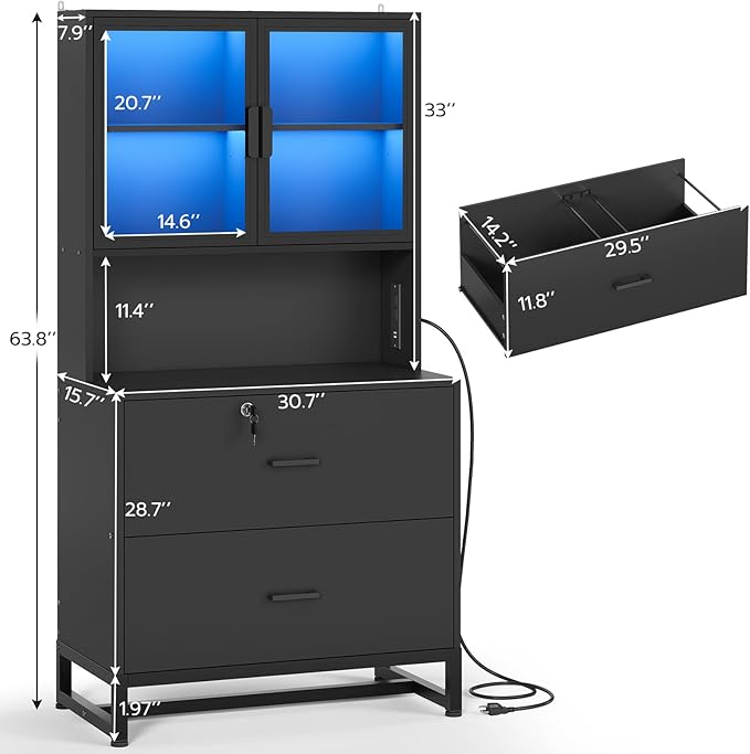 SEDETA 2 Drawer File Cabinet with Lock & Charging Station, Filing Cabinet Fits Letter, Legal, A4 Size, Wood File Cabinets for Home Office with Bookshelf, Printer Stand with Storage Shelf, Black