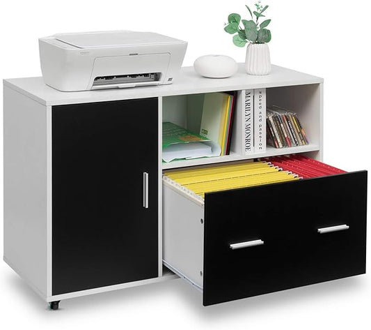 Giantex Lateral File Cabinet, Mobile Filing Cabinet with Drawer, Printer Stand with Open Storage Shelves, Wood Organizer for Home and Office A4 Letter and Legal Size (White & Black)