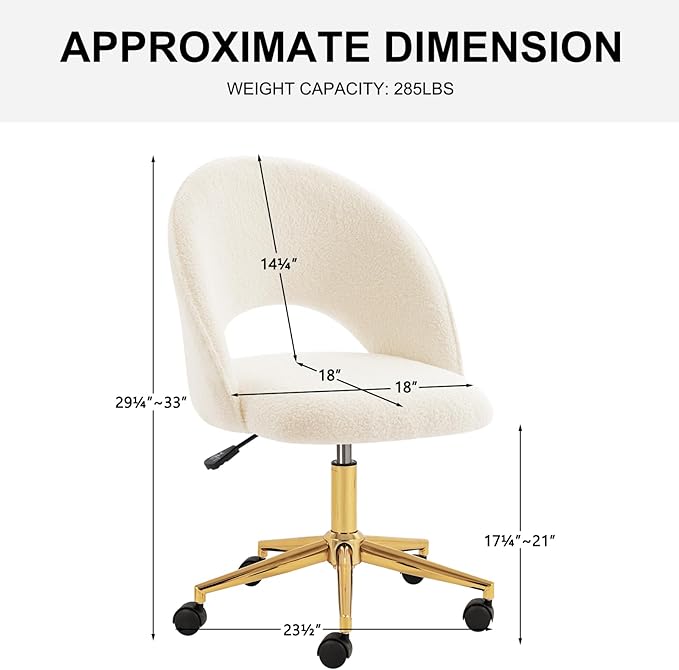 Furnimart Swivel Rolling Desk Chair, Adjustable Faux Fur Vanity Chair with Gold Legs, Cute Task Chair with Wheels for Living Room Bedroom Studying Small Places (Faux Fur White)