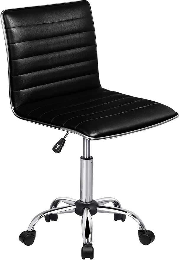 BOSSIN Adjustable Home Office Chair, Mid-Back Armless Ribbed Swivel Task Chair,Vanity Chair for Small Space, Living Room, Make-up, Studying (Black)