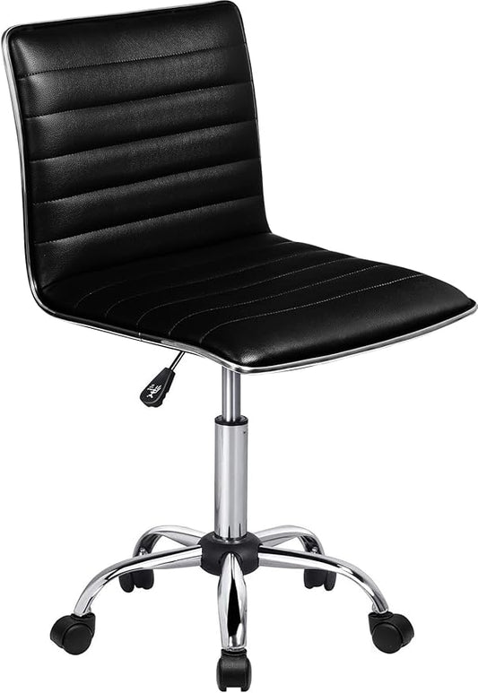 BOSSIN Adjustable Home Office Chair, Mid-Back Armless Ribbed Swivel Task Chair,Vanity Chair for Small Space, Living Room, Make-up, Studying (Black)