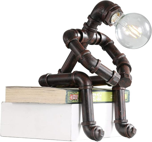 Water Pipe Table Lamp Robot Style- Retro Industrial Table Light- Antique Steampunk Metal Desk Lamp Bedside Lighting Fixture for Office, Reading Kids Room, Cafe Bar (Rust-Style C)