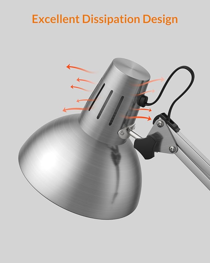 LEPOWER Metal Desk Lamp, Adjustable Goose Neck Architect Table Lamp with On/Off Switch, Swing Arm Desk Lamp with Clamp, Eye-Caring Reading Lamp for Bedroom, Study Room &Office (Silver)