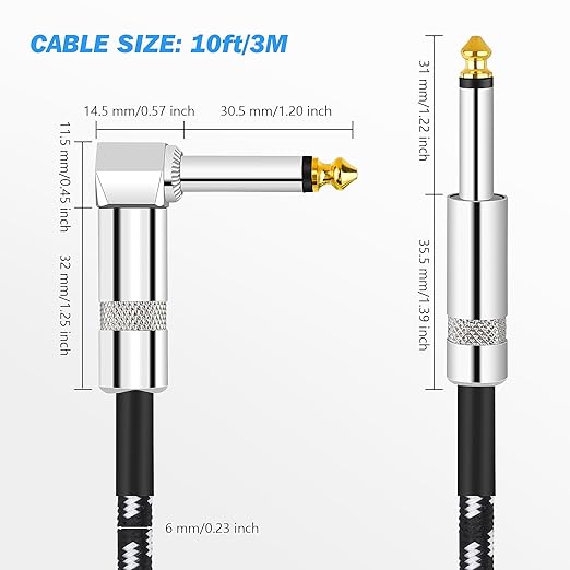 Guitar Cable, Instrument Cable, Bass Cable, Guitar Cord 10FT, 6.35mm Straight Curved Audio Cable for Various Musical Instruments - Electric Guitars, Electronic Keyboards, Speakers