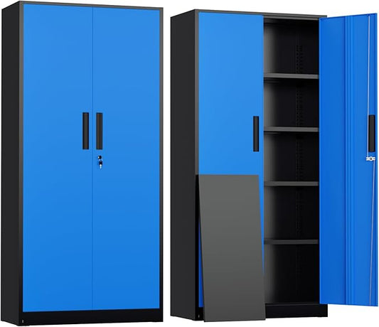 Greenvelly Metal Garage Storage Cabinet with Doors and Shelves, 72" Steel Lockable File Cabinet,Office Storage Cabinet Tall Metal Cabinet for Garage Office School Gym Warehouse(Black Blue)