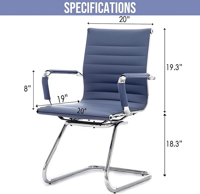 Wahson Office Guest Chairs Set of 6, Leather Reception Chairs, Mid Back Waiting Room Chair, Conference Chairs with Sled Base, Desk Chair No Wheels for Meeting/Lobby/Restroom, Navy Blue