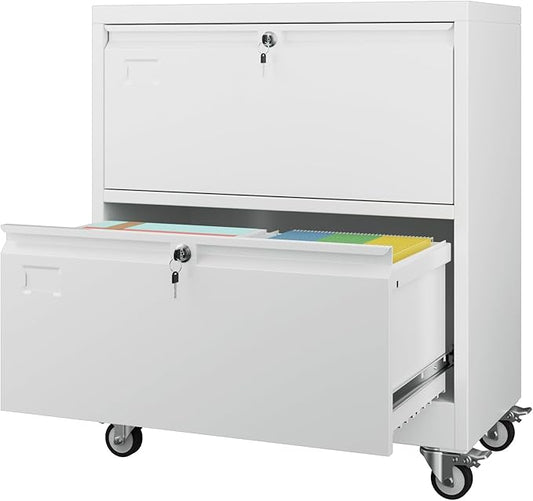 Aobabo 2 Drawer Lateral File Cabinet with Wheels, Lockable Metal Filing Cabinet for Home Office, Legal/Letter Size,White,Required Assembled,15.87" D x 28.94" W x 34" H