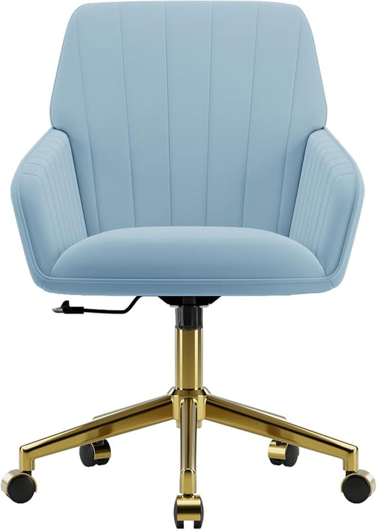 YISHENG Velvet Office Desk Chair with Gold Base, with Wheels,Modern Height Adjustable 360 Degree Swivel Upholstered Vanity Chairs with Arms for Living Room Bedroom,Sky Blue
