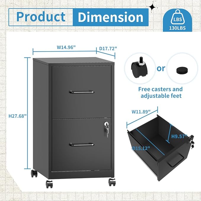 Mobile File Cabinet with Lock, 2 Drawer File Cabinets with Adujustable Feet and Wheels, Metal Office Storage Cabinet Under Desk,Vertical Filing Cabinets for Home Office, Required Assembly