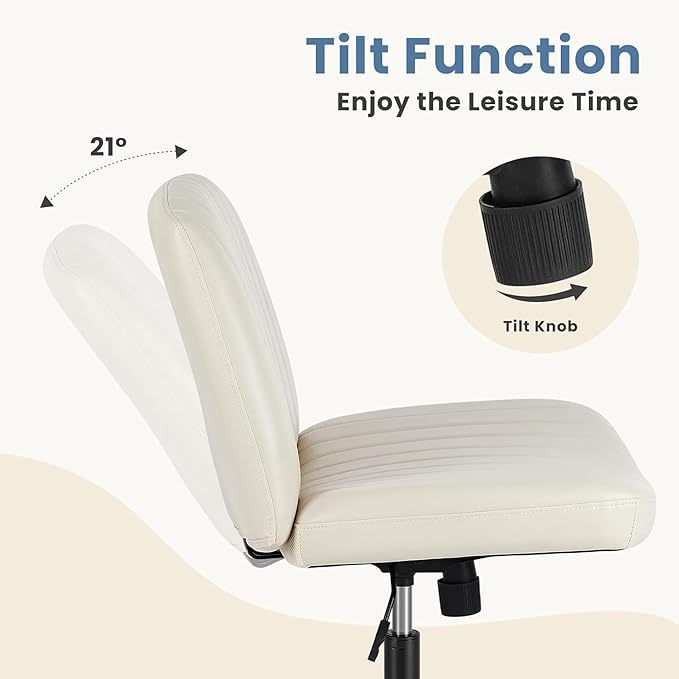 DUMOS Criss Cross Chair with Wheels, Legged Office Armless Wide Desk Seat Dual-Purpose Base, Adjustable Swivel Leather Task Vanity Home Office Desk Seating, Cream