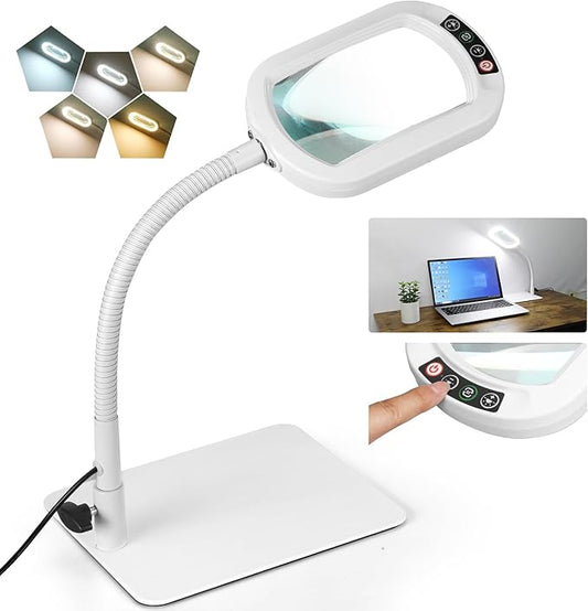 Veemagni 10X Rectangle Magnifying Glass with Light and Stand, Flexible Gooseneck LED Lighted Desk Lamp, 5 Color Modes Stepless Dimmable, Hands Free Magnifier for Reading Painting Close Work - White