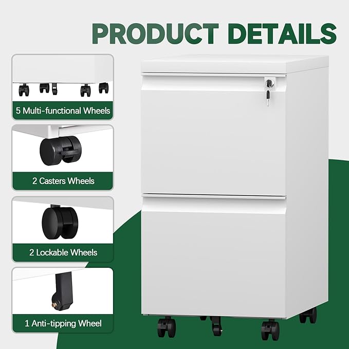 2 Drawer File Cabinet on Wheels,29" H White Filing Cabinet with Lock,Under Desk Metal File Cabinet for Home Office Organizer Letters/Legal/A4(Assembly Required)