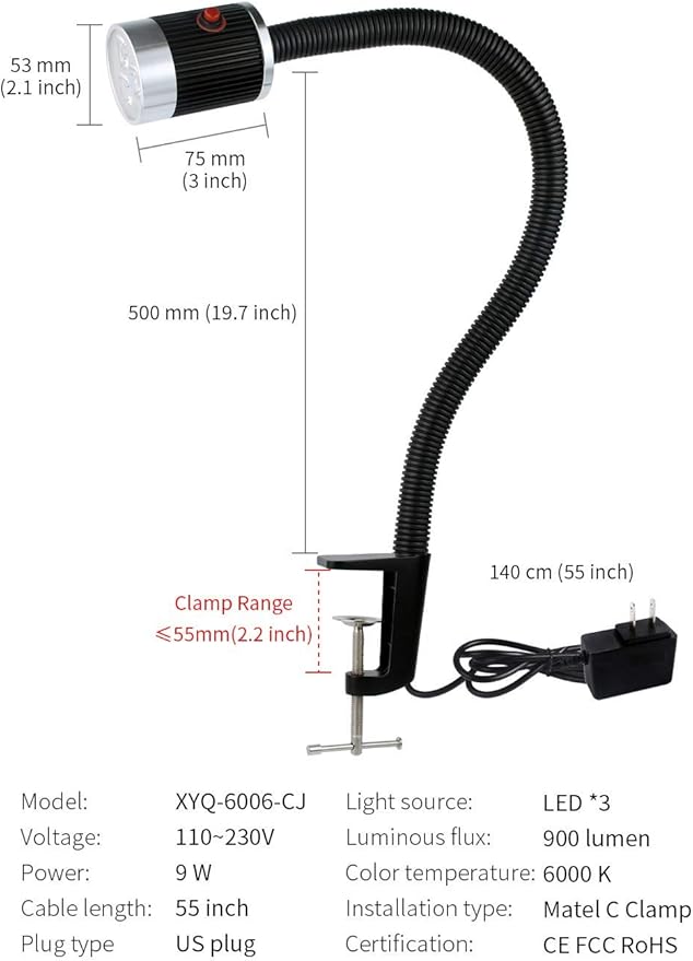 Gooseneck LED Light, Clamp Gooseneck Light 900 Lumen 120 Volt Fixed with C Clamp Industrial Work Lamp for Machine Tools and Lathe