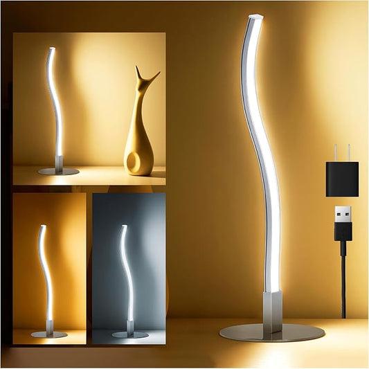 Spiral Lamp for Office,3 CCT 2700K/4500K/6500K Stepless Dimmable Silver Table lamp with USB Adapter,Modern Nightstand Lamp,Unique Bedside Table Lamps,Small Lamp for Nightstand,Living Room,Bedroom