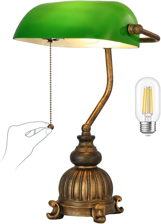 Newrays Retro Green Glass Bankers Desk Lamp for Home Office,Library with Pull Chain Switch Plug in Fixture, LED Bulb Included