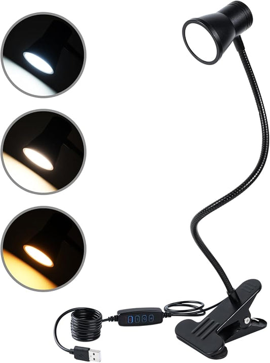 Clip Desk Lamp, USB Reading Light, Flexible Neck Led Clamp Light with 3 Color Temperature Options, 10 Dimmable Brightness Levels for Working, Studying (8W)