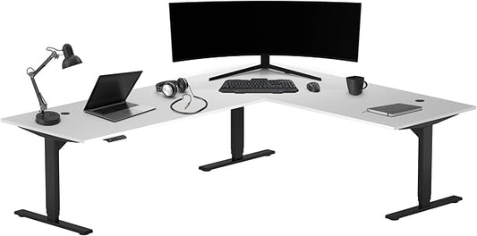 Progressive Desk Stand Up Height Adjustable Standing Desk - L Shaped 85" x 72" Corner Computer Rising Workstation Electric Table - Warm White, Black Frame
